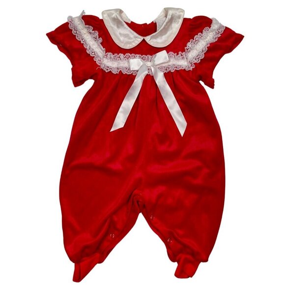 Vintage 80s & 90s Toddler Soft Velvet Bubble Jumpsuit with collar, bow, and lace - Picture 1 of 11